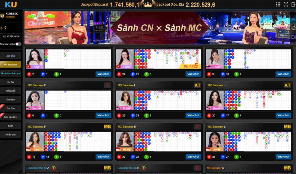 Bàn chơi đa dạng trên baccarat kubet 