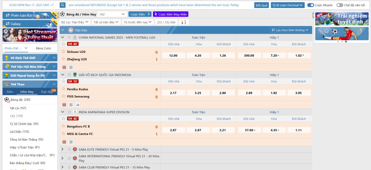 Cược 1×2 toàn trận